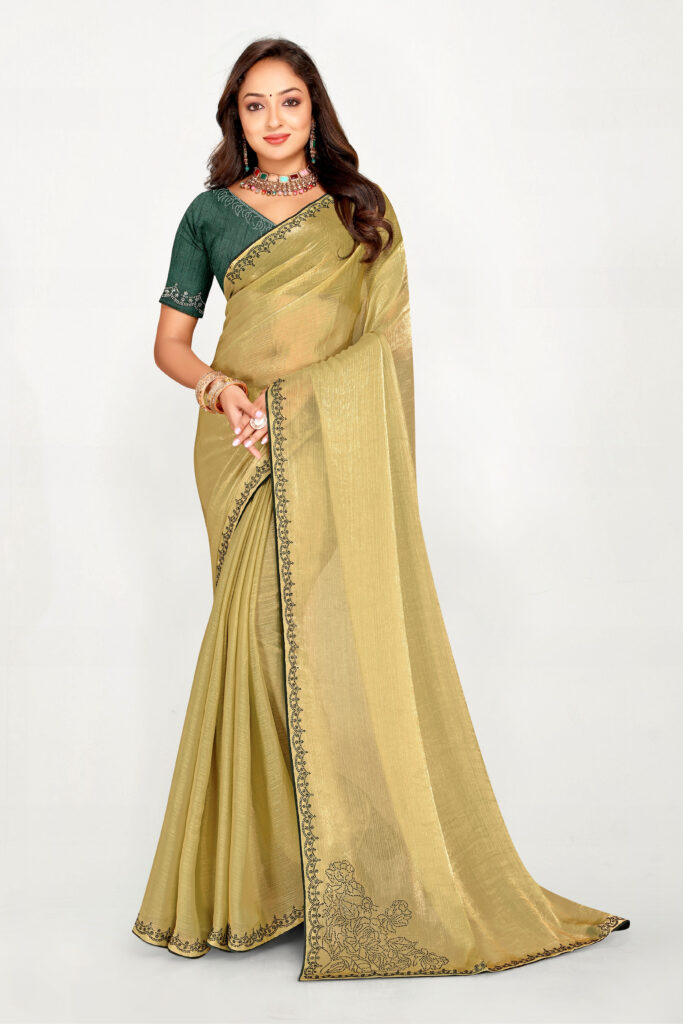 Light Olive Green Fendy Fabric Saree with Contrast Blouse