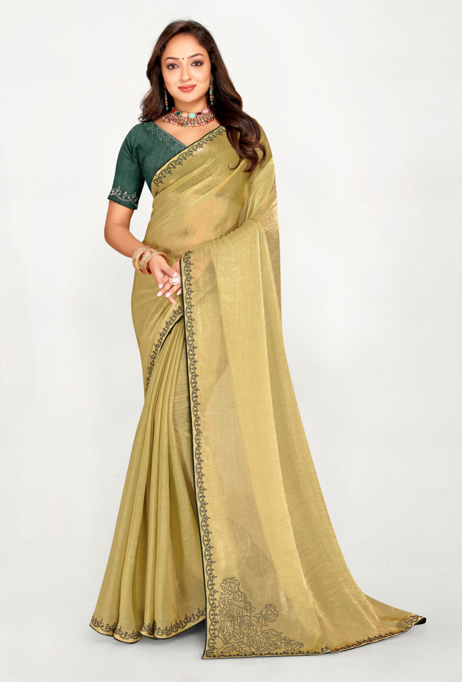 Light Olive Green Fendy Fabric Saree with Contrast Blouse